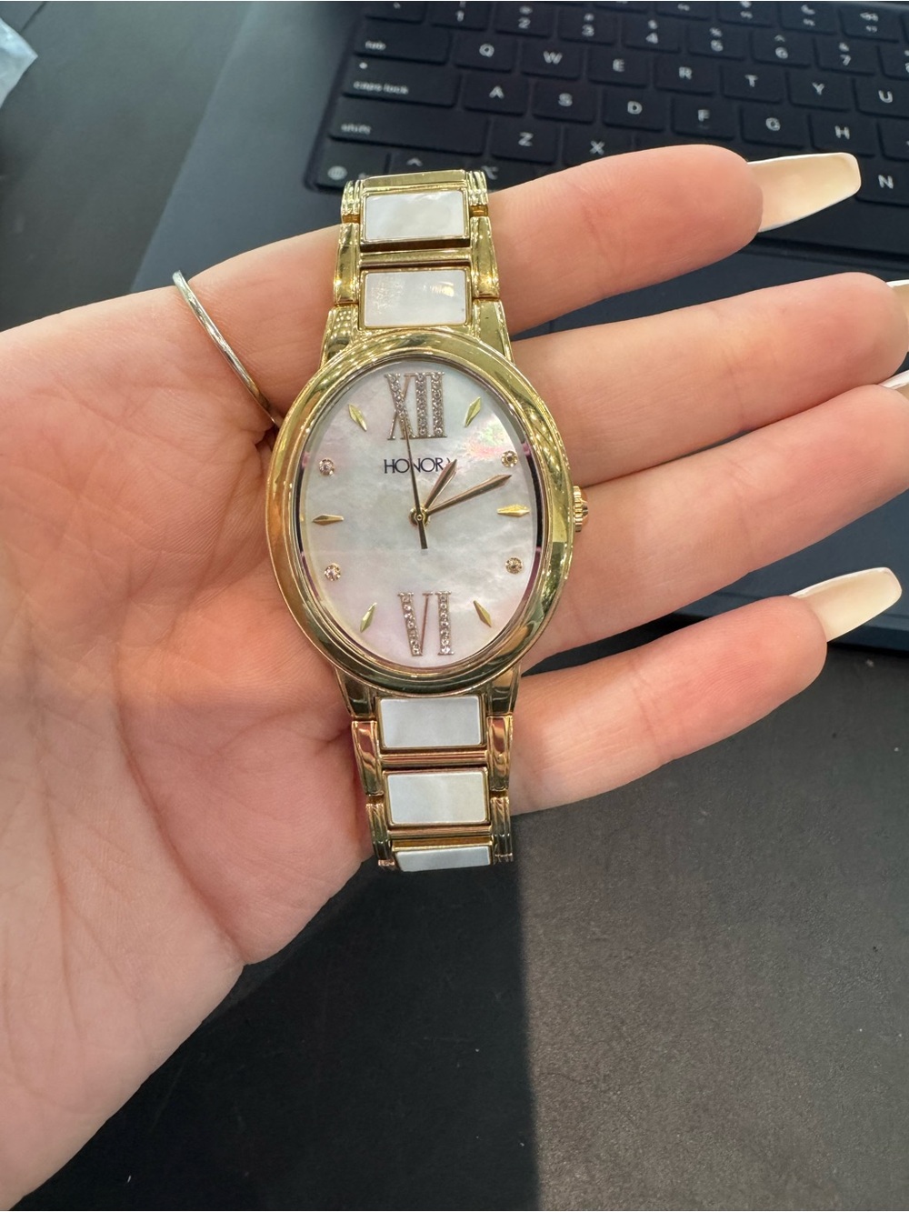 Brand New Honora White Topaz & Mother of Pearl Ladies Bracelet Watch Gold Tone